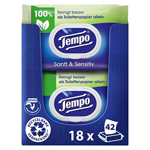Tempo Toilettenpapier feucht Tempo feuchtes Toilettenpapier sanftundsensitiv Trio-Pack (18 Packungen x je 42 Blatt), Großpackung, 1 kg