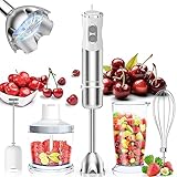 Stabmixer 1000 W, Pürierstab Set 5 in 1, Edelstahl Stabmixer mit 12 Geschwindigkeiten & Turbotaste, 5 Zubehörteilen für die Zubereitung von Babynahrung, Salaten, Suppen, Smoothies und Teig