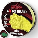 Paradox Fishing 8X PX geflochtene Angelschnur I Chartreuse gelb 150M - 0,18mm - 10,8kg – Angelschnur geflochten- eng geflochten – perfekt zum Spinnfischen