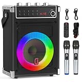 JYX Karaoke-Maschine mit 2 UHF-Funkmikrofonen, Bluetooth-Lautsprecher mit Bass-/Höhen-Einstellung und LED-Licht, PA-Systemunterstützung TWS, AUX in, FM, Rec, Versorgung für Party/Erwachsene/Kinder