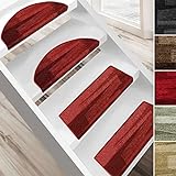 casa pura Stufenmatten Via Veneto mit Pinselstrich Design 15 Stück Spar Set Treppen-Teppich | 65 x 23,5cm, halbrund, sauber eingekettelt, Starke Befestigung, stabile Winkelschiene/Farbe Rot