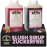 OCMP 2 x 2L Slush Sirup Zuckerfrei Cola & Himbeere AZO Frei - Hochkonzentrierter Getränkesirup ohne Zucker für die Slush Maschine, Wassereis & Limonaden - Cola-Sirup und Himbeersirup.