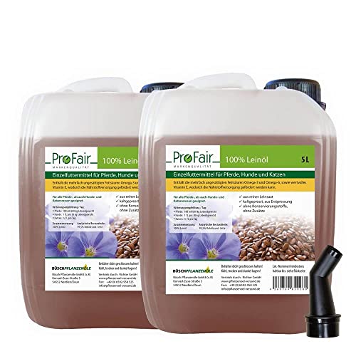 10 Liter ProFair Leinöl (2 x 5 Liter Kanister) kaltgepresst, 100% aus Reiner Leinsaat, ohne Zusätze, Einzelfuttermittel für Pferd, Hund und Katze