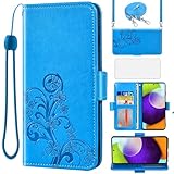 Asuwish Handyhülle für Samsung Galaxy A52 4G/5G A52S Hülle mit Glas Folie Schutzfolie und Kartenfach Klappbar Leder Geldbörse Ständer A 52 S 52A 52S S52S S52 G5 Handy Schutzhülle Cover Phone Case Blau