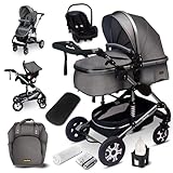 GaGaDumi Florida Kinderwagen 3 in 1 Komplettset mit Autositz - Baby Stroller 3 in 1 TÜV - Kombikinderwagen 3 in 1 Komplettset Voll-Gummireifen - Wickeltasche Grau/Silber