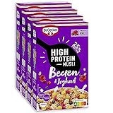 Dr. Oetker High Protein Müsli Beeren & Joghurt 4er Pack Müsli aus wertvollen Flocken, Protein Cerealien, Himbeeren, Johannisbeeren, Cranberriesaft sowie Joghurt