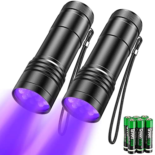 UV Taschenlampe 2 Stück Mini UV Schwarzlicht Taschenlampe mit 12 LEDs, Ultraviolettes Licht mit 395nm für Geocaching, Heimtierurindetektoren, Haustiere Urin-Detektor usw. Inklusive 6 AAA Batterie