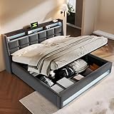 DEKKETO Boxspringbett mit Stauraum, Polsterbet 180x200 Doppelbett mit LED und 2 USB-Anschluss, Hydraulisch Stauraumbett Rückenlehne Bettgestell, Lattenrost aus Holz ohne Matratze, Grau