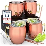 Beyond Moscow Mule Becher Set Kupferbecher - Becher aus Kupfer mit Strohalmen & Geschenkbox I Moskau Mule Kupfertasse Set mit traditionell glatter Oberfläche als Gin Tasse & für Cocktail (4er Set)