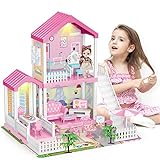 deAO Puppenhaus mit Puppe, 3 Zimmer Puppenvilla Dollhouse mit Licht Spielmatte Möbeln und Zubehör, Spielhauses Mädchen Spielset Traumhaus für Mädchen Kinder ab 3 Jahren