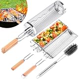 Leerweii 2 Stück Grillkorb Edelstahl mit Doppelten Holzgriffen, Seitlich zu öffnendes Design Rollengrillkorb mit Reinigungsbürste Grillzubehör für Außengrill für Gemüse Fleisch, Geschenke für Männer