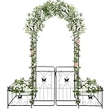 2,2 M Gartenbogen mit Tor und Pflanzkästen, Kalolary Metall Hochleistungs Gartenlaube für Kletterpflanzen Hochzeit Spalier Torbogen Hochbeet Rosenreben Kletterstütze für Hinterhof Terrasse im Freien