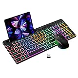 Fockety Kabellose Tastatur Maus Kombination, 2,4 GHz, 115 Tasten, RGB Hintergrundbeleuchtung, ergonomische Computertastatur mit Handy-/Tablet Halterung, Empfänger, leise Maus für Laptop