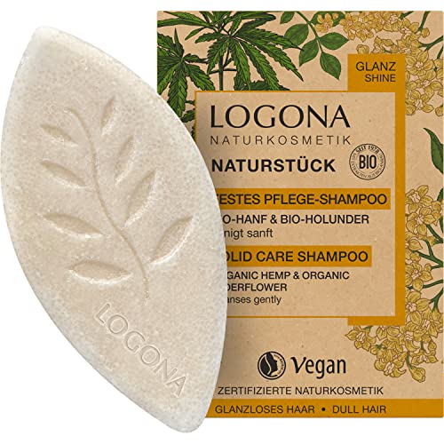 LOGONA Naturkosmetik Festes Haarshampoo für mehr Glanz und natürlich gesundes Haar, Shampoo Bar mit veganer Formel aus Bio Hanf und Bio Holunder, Wie Haarseife, 1 x 60 g