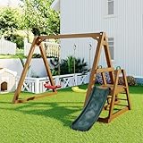 Outdoor Holz Kinder Doppelschaukel mit 2 Schaukelsitzen, Outdoor Gartenschaukel, Schaukelgestell, Robuste Kinder Gartenschaukel mit Rutsche und Kletterleiter