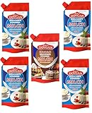 5er Pack DOVGAN gezuckerte Kondensmilch in Doypack 4x 300g + ein gezuckerte Kondensmilch mit Kakao 300g