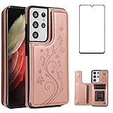 Asuwish Handyhülle für Samsung Galaxy S21 Ultra 5G Hülle mit Schutzfolie Kartenfach Klappbar Leder Geldbörse Ständer S21Ultra5G S 21 S21Ultra G5 Handy Hüllen Schutzhülle Schutzglas Phone Case Roségold