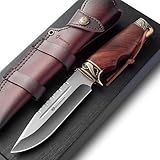 DRACHENADER Jagdmesser Feststehende Klinge YU-LN, 14, 7cm Klingenlänge Gürtelmesser mit Lederscheide, 5Cr14MoV Stahl, Holzgriff, Outdoor-Messer Survival für Camping