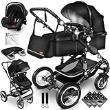 KIDUKU® 3 in 1 Kinderwagen XXL Komplettset | Kombikinderwagen Set inkl. Babywanne Buggy Sportsitz & Auto-Babyschale Fußsack | Vollgummireifen Wickeltasche Handwärmer Regenschutz Kindertisch ECE R129