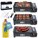 ZMC 2-in-1 Gaskocher + Gasgrill inkl. Zubehör, mit 4X Gaskartuschen, einflammiger Camping-Kocher, mit Grillplatte + Grillrost, stufenlos regulierbar, mit Tragekoffer, 3,8kg, Piezo-Zündung