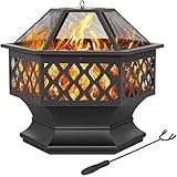 Yaheetech Ø 61cm Feuerschale mit Funkenschutz, Sechseckige Feuerstelle, Multifunktional Feuerkorb, Fire Pit, Feuerschalen für den Garten, Winter Heizung, Terrasse, Lagerfeuer und Camping