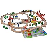 Bandits & Angels Holzeisenbahn-Set 100-teilig mit Grundplatte ab 3 Jahren für Jungen und Mädchen – Eisenbahn-Set aus Holz mit 100 Teilen – inklusive 2 Zügen und Grundplatte – Eisenbahn für Kinder