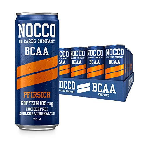NOCCO BCAA Energy Drink – zuckerfrei, vegan Energy Getränk mit Koffein, Vitaminen und Aminosäuren – Zitronengeschmack, 24 x 330ml inkl. Pfand (Pfirsich)