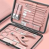 Leipple Maniküre Set Professionelles Nagelknipser Kit Pediküre Kit -18 stücke Pflegeset aus Edelstahl Nagelpflege Werkzeuge mit luxuriöser Leder Reisetasche (Rosa)