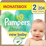 Pampers Baby Windeln Größe 2 (4-8 kg) Harmonie, MONATSBOX, Sanfter Hautschutz Und Pflanzenbasierte Inhaltsstoffe, 204 Stück