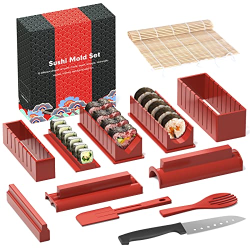 HI NINGER Sushi Making Kit Deluxe Edition Complete Sushi Maker Kit 12PCS Home Sushi Form Presse mit Sushi Reis Roll Form Formen, Gabel, Sushi-Messer, Sushi Rolling Matte, Stäbchen