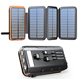 Solar Powerbank 27000mAh,Solar Ladegerät mit 3 Kabel QC4.0 22.5W USB C 20W Schnellladefunktion, mit 4 Solarpanels und 3 LED Taschenlampe für Smartphones Tablets Camping