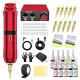 Hapaisslin Tattoo Anfänger Set, Tattoo Pen Set, Kartuschen-Tattoo-Maschine Set, Tattoo-Zubehör mit Tinte, Kartuschen-Nadeln, Übungsblatt, Gummihandschuhe (Rot)