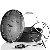 Dutch Oven 12 L, Dickem Gusseisen Kochtopf, Feuertopf Schmortopf, Dutch-Oven Set inkl. Deckelheber Spiralförmiger Henkel & Topfständer, für Kochen Oudoor Camping, Bereits Eingebrannt