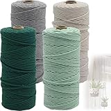 Cerkkapo 4 Stück Makramee Garn, 3mm x 400m Macrame Cord, Baumwollkordel in Naturtönen (dunkelgrün,hellgrün,beige,grau), Makramee Baumwollgarn für DIY Handwerk Flechtkunst Wandbehänge Türvorhang