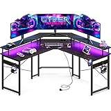 ODK Gaming Schreibtisch mit LED, Gaming Tisch mit 2 Steckdosen und 2 USB Ladeanschluss, Eckschreibtisch mit großzügiger Monitorablage, Stabiler Stahlrahmen und einfache Montage (Schwarz)