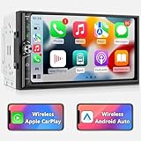 Android Doppel Din Radio mit Wireless Carplay Wireless Android Auto Autoradio mit Bildschirm, 4G+64G 7 Zoll Car Play Auto Radio 2din Touch Display mit Navi, Bluetooth, GPS, WiFi, AM/FM/RDS, AUX/SWC