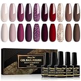 Shining She UV Nagellack,10 Farben Nude Beige Rot Dunkelviolett Dunkelrot Braun Golden Glitzer Gel Nagellack Soak-Off UV Shellac Nagellack für Anfänger DIY Nail Art Set,8ml