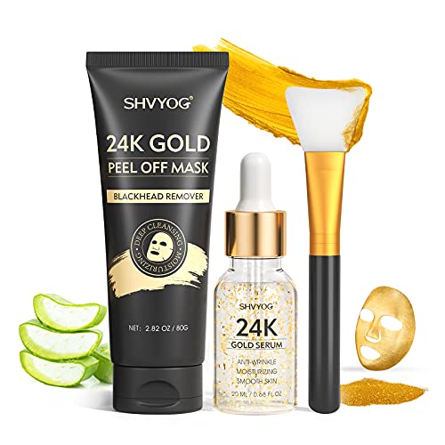 Mitesser Maske Gold Peel Off Maske mit 24 Karat Gold Serum & Siliziumbürste, Mitesserentferner Maske, Tief Reinigende Mittesserentfernerset Gesichtsmaske für Alle Hauttypen (80g + 20 ml)