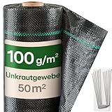 Praknu Unkrautgewebe 100g/m2 mit 24 Erdanker - 50m2 - Wasserdurchlässig & Reißfest - UV Beständige Unkrautfolie (1m x 50 Meter Rolle) - Leicht zu Verlegen - Bändchengewebe
