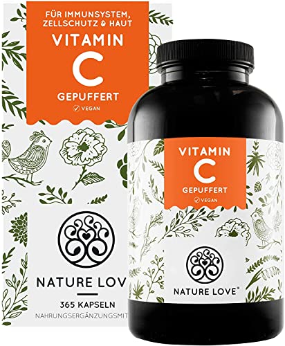 NATURE LOVE® Gepuffertes pflanzliches Vitamin C - Hochdosiert mit 1000mg Vitamin C je Tagesdosis - 365 Kapseln - pH-neutral & magenfreundlich - Vegan