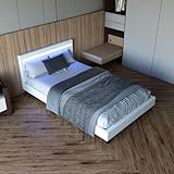 Juskys Polsterbett Verona 120x200 cm mit LED-Beleuchtung, Lattenrost & Kopfteil, Bett mit Gestell aus Holz & Kunstleder Bezug, weiß