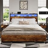 DICTAC Bett 140x200 mit LED Beleuchtung,Metall Doppelbett mit Steckdose und USB-Ladefunktion, Bettgestell 140x200 mit Holzkopfteil Stauraum, Bettrahmen mit Lattenrost und Stauraum unter dem Bett