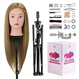 Frisierkopf mit Übungskopf ständer,71cm 60% Frisierkopf Echthaar,Puppenkopf zum Frisieren,Trainingsköpfe für Friseure Ausbildung Kopf Mit Halter + DIY Haare Set(Blond)