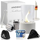 ANDEKO Bioethanol Tischkamin Premium Tischfeuer - [3h Brenndauer] - Ethanol Kamin inkl. Dekosteine und 2 große Brennkammern - Hohes Sicherheitsglas & Regulierbare Flamme - Tisch Kamin Indoor & Outdoor