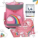 MUWO Kinder Schulranzen Set 5tlg. ergonomischer leichter Schulrucksack mit Sporttasche, Turnbeutel, Federmappe, nur 920 gramm (Einhorn Design)