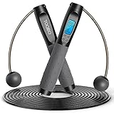 TOQIBO Springseil mit digital Zähler, Profi Kugellager & Anti-Rutsch Griffe, Verstellbares Speed Rope Seilspringen Training, Fitness, Boxen, Abnehmen für Kinder und Erwachsene(Schwarz + Grau)