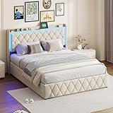 Polsterbett 140 x 200 cm mit Stauraum, Hydraulikbett mit Bettkasten, Doppelbett mit Stauraum, Boxspringbett mit Lattenrost, Led Bett,Flanell, Ohne Matratze (Beige C, 140 x 200 cm)