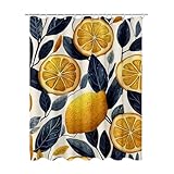 200x200 cm Duschvorhang Gelb Shower Curtains mit 12 Duschrollo Haken, Duschrollo für Badewanne Beschwerter Saum Waschbar Polyester Stoff Extra Lang für Badezimmer, Geschenke für Frauen (Zitrone) R-81