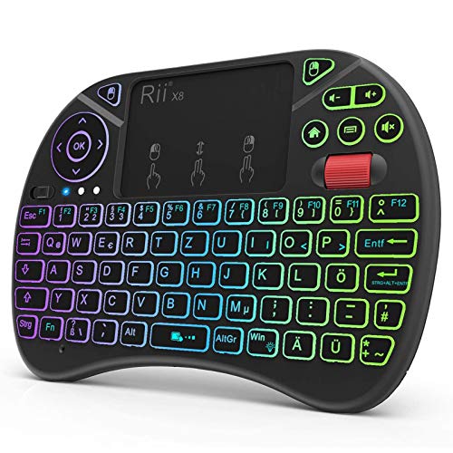 Rii Mini Tastatur mit Touchpad, Smart TV Tastatur, 2,4 GHz Kabellos Tastatur mit 8 Farbige Hintergrundbeleuchtung und Scrollrad (Deutsches, Schwarz
