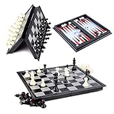 Hoshin Schachspiel Magnetisch, Schach/Dame/Backgammon 3 in 1 Set tragbare Faltbare Reise Magnetische Schachbrett für Kinder (25x25x2cm)